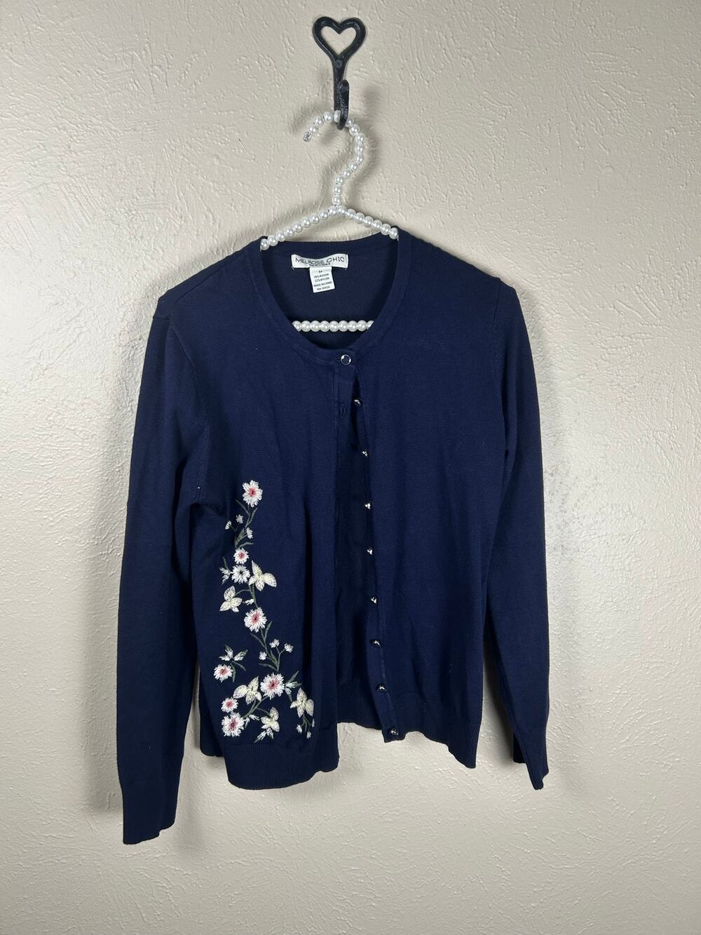 Y2K Melrose Chic Cardigan Sweater Size Medium Navy Embroidered Flowers Preppy
